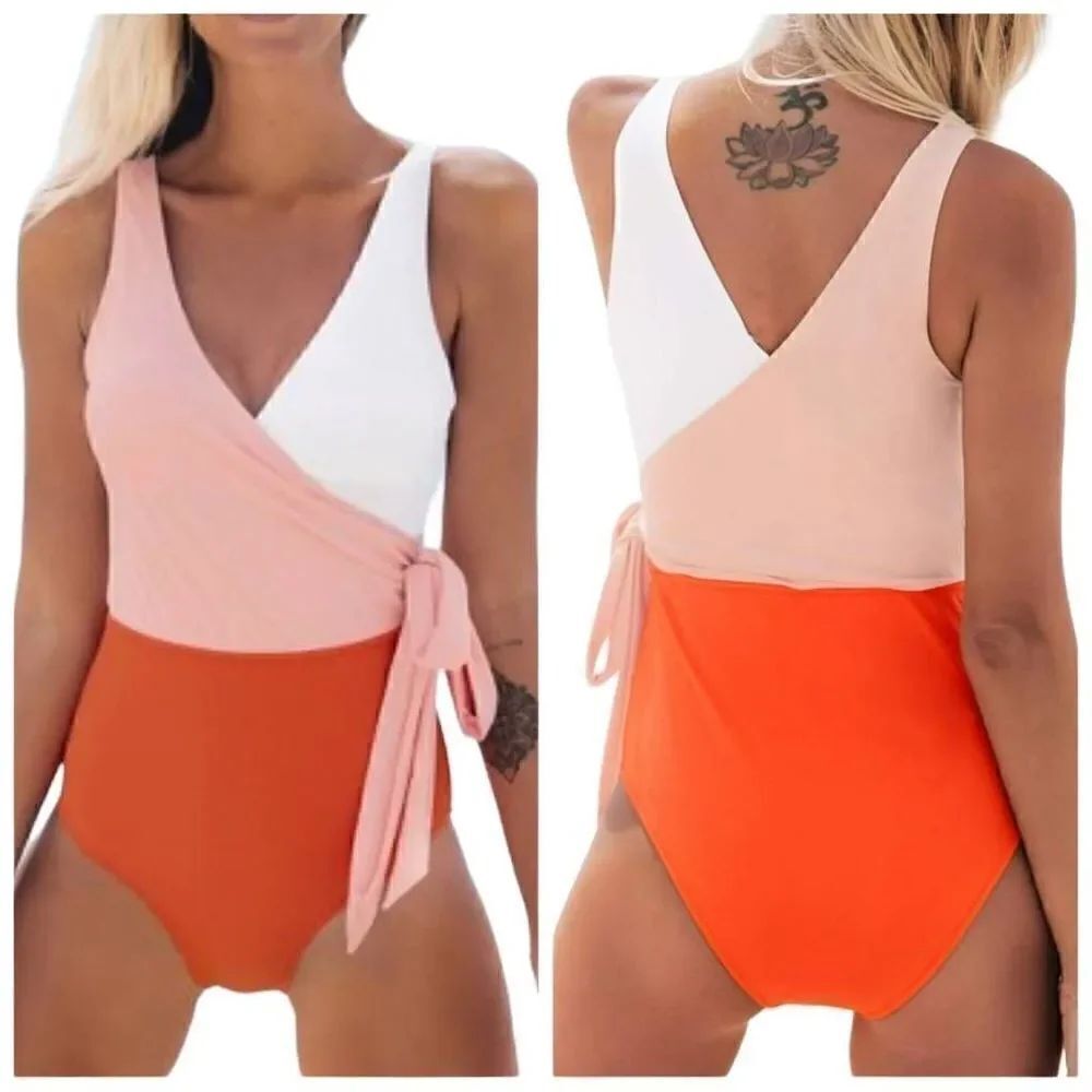 CUPSHE Orange Color Block One Piece Swimsuit Plunging Knotted Monokini Size M